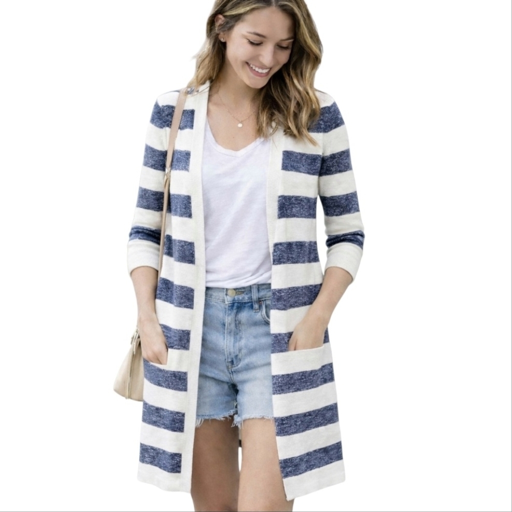 Talbots Open Navy and Ivory Striped Cotton Cardigan Duster Business Casual M